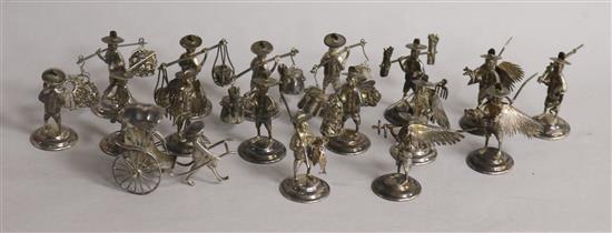 Sixteen Hong Kong sterling silver figural place card holders, a miniature group by Wang Hing and two pairs of metal chopsticks.